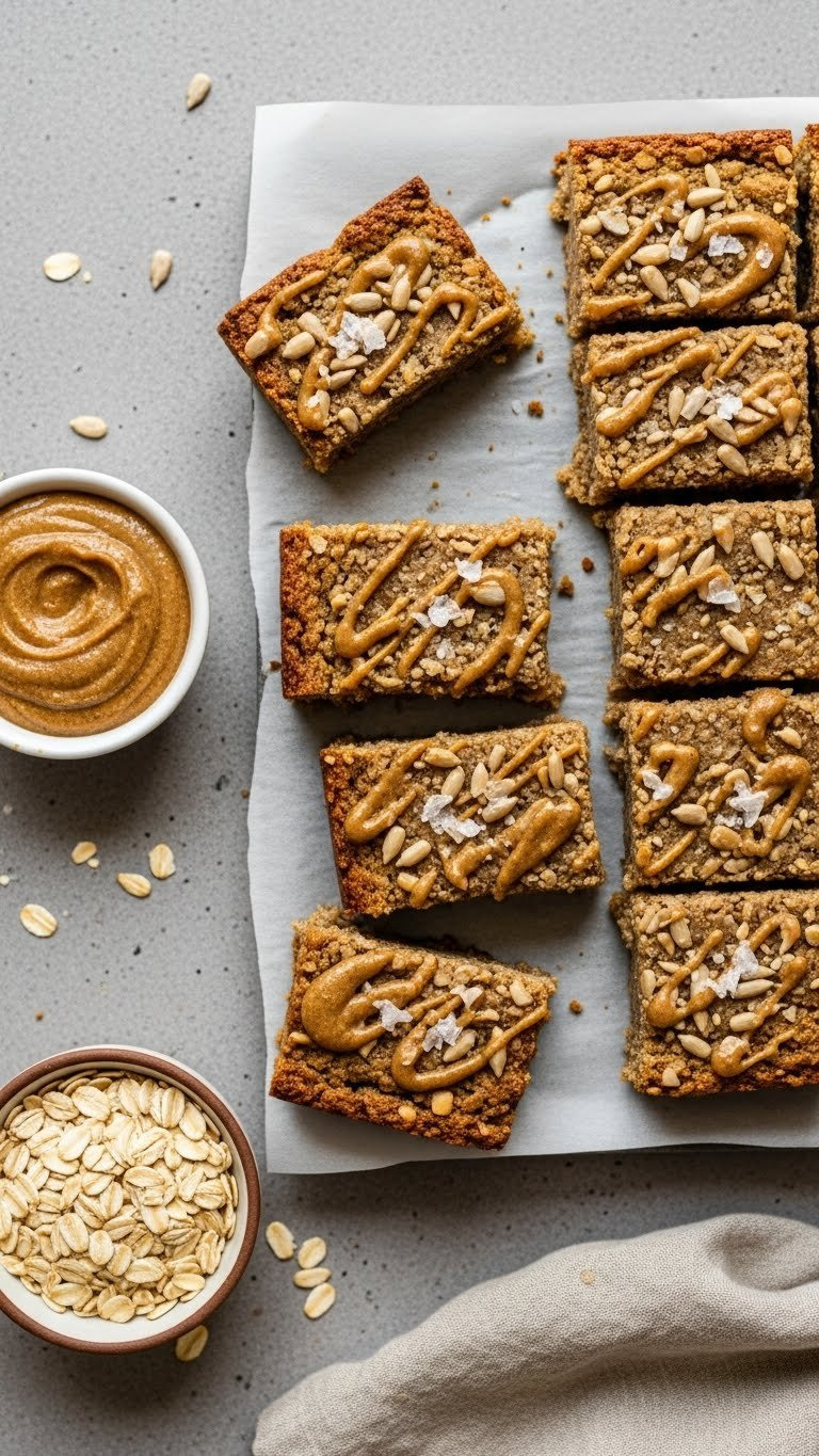 Gluten-Free Sunflower Seed Butter Bars With Visible Texture On Stone Surface In Bright Daylight Setting.