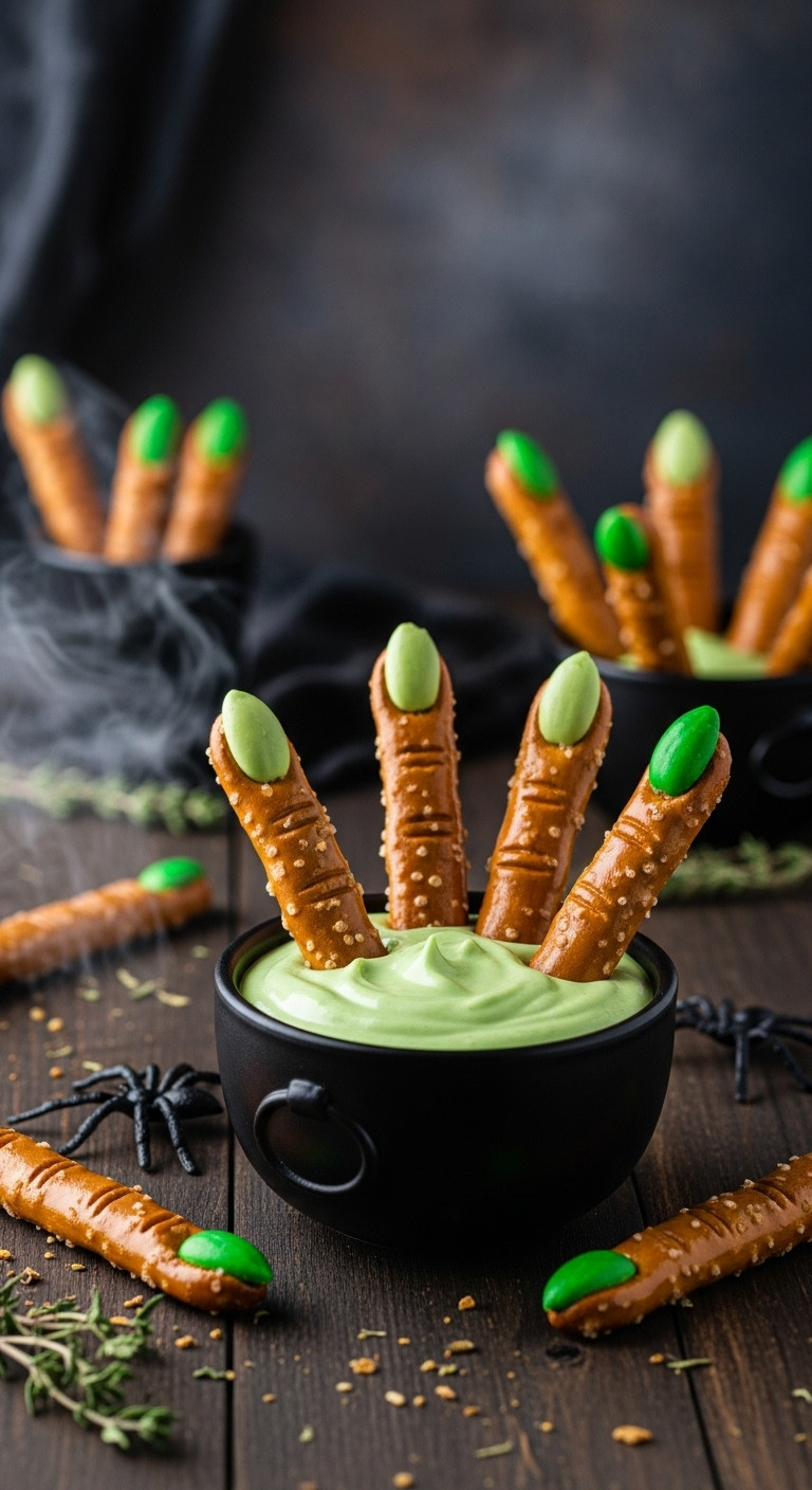 Gnarled Witch Finger Pretzels With Green Almond Nails, Dipping Into Vibrant Green Dip In A Black Cauldron, Spooky Halloween Treat.