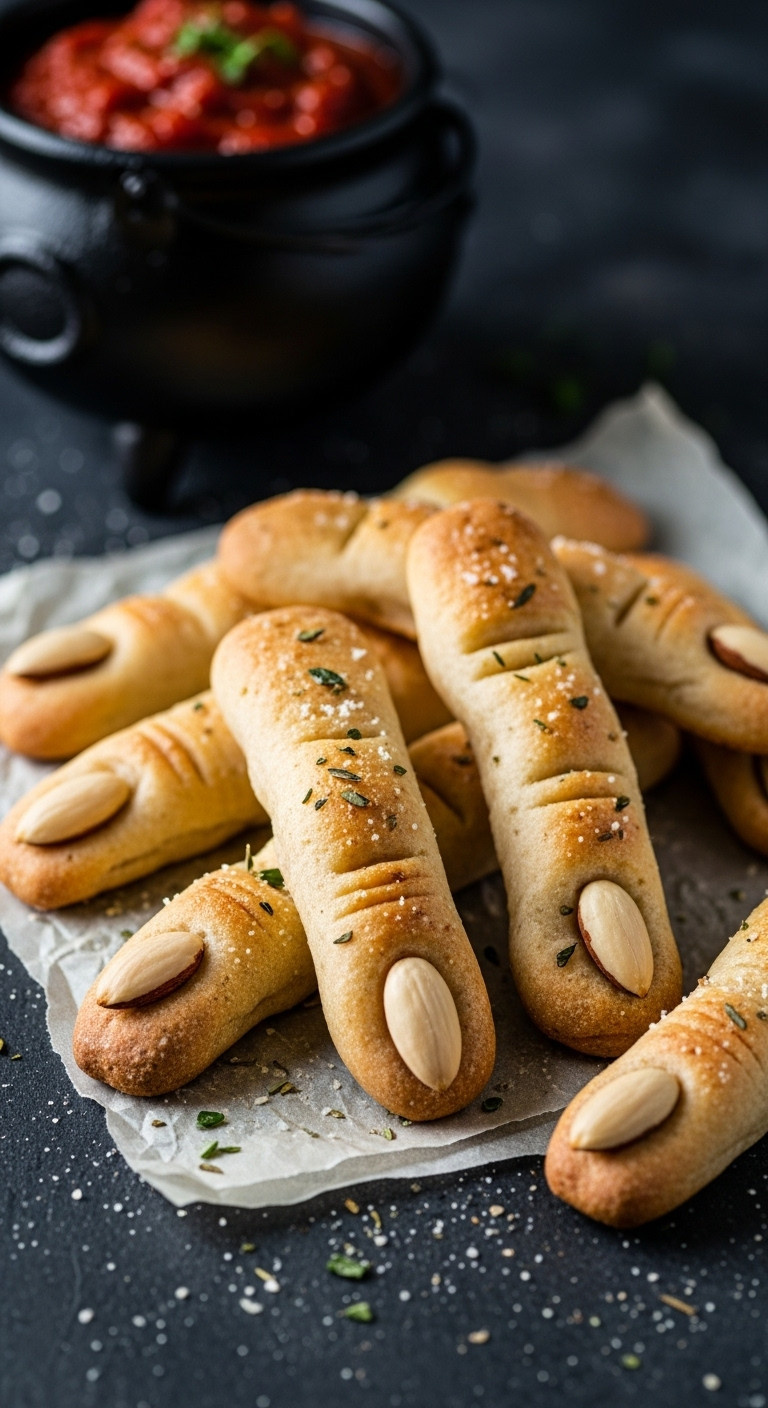 Gnarled Witches Finger Breadsticks With Almond Fingernails On Parchment Paper With Marinara Dip