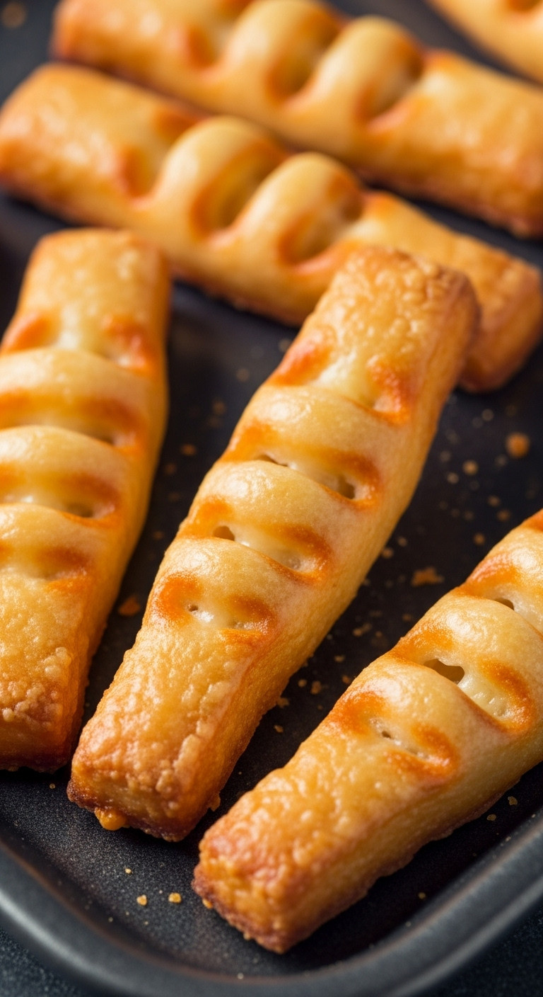 Gnarly Golden-Brown Witch Finger Cheese Sticks With Knuckle Creases And Almond Fingernails, A Creepy Halloween Appetizer.