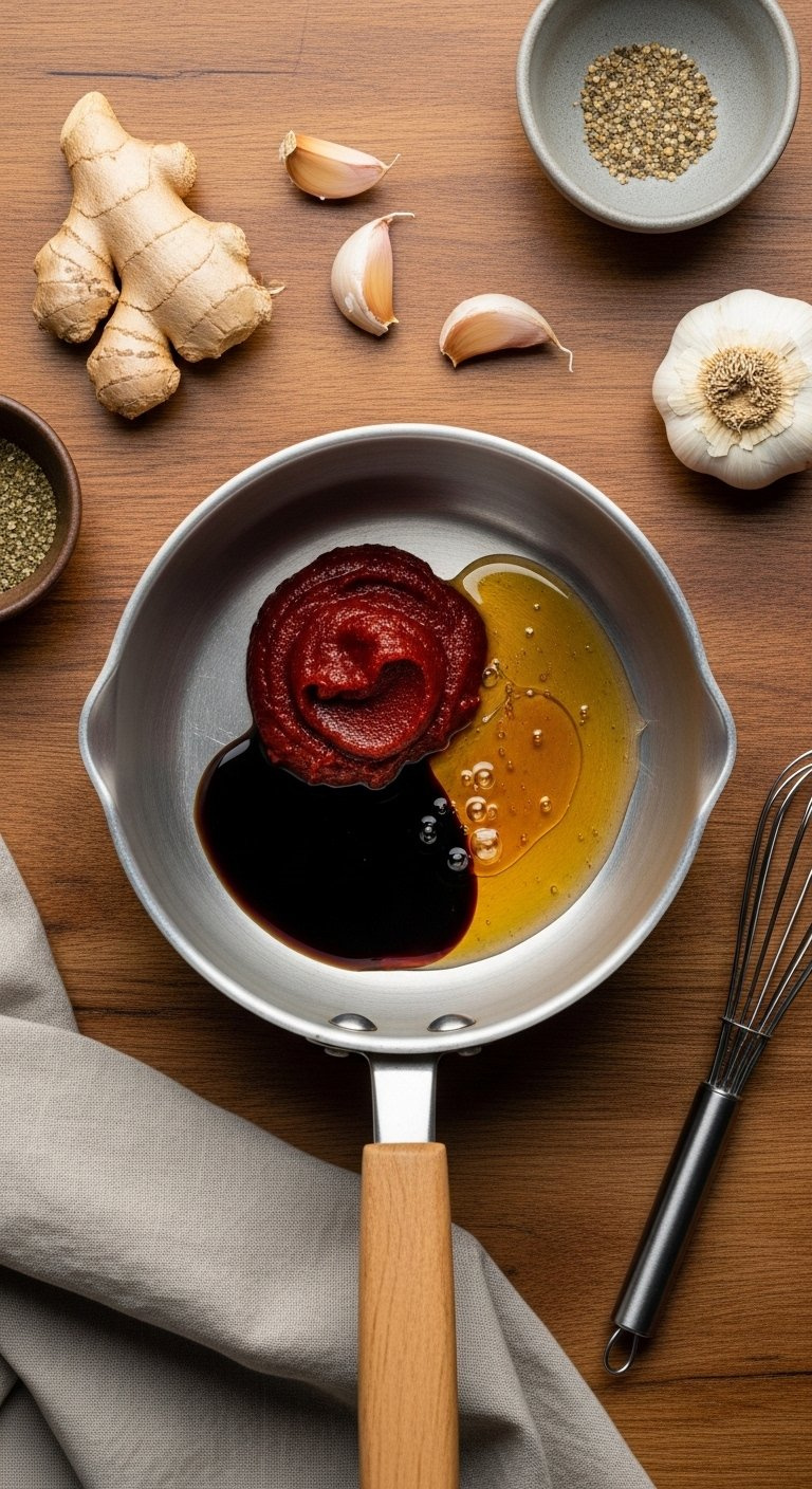 Gochujang, Soy Sauce, And Honey Ingredients Sitting In A Small Saucepan On A Rustic Wooden Table.