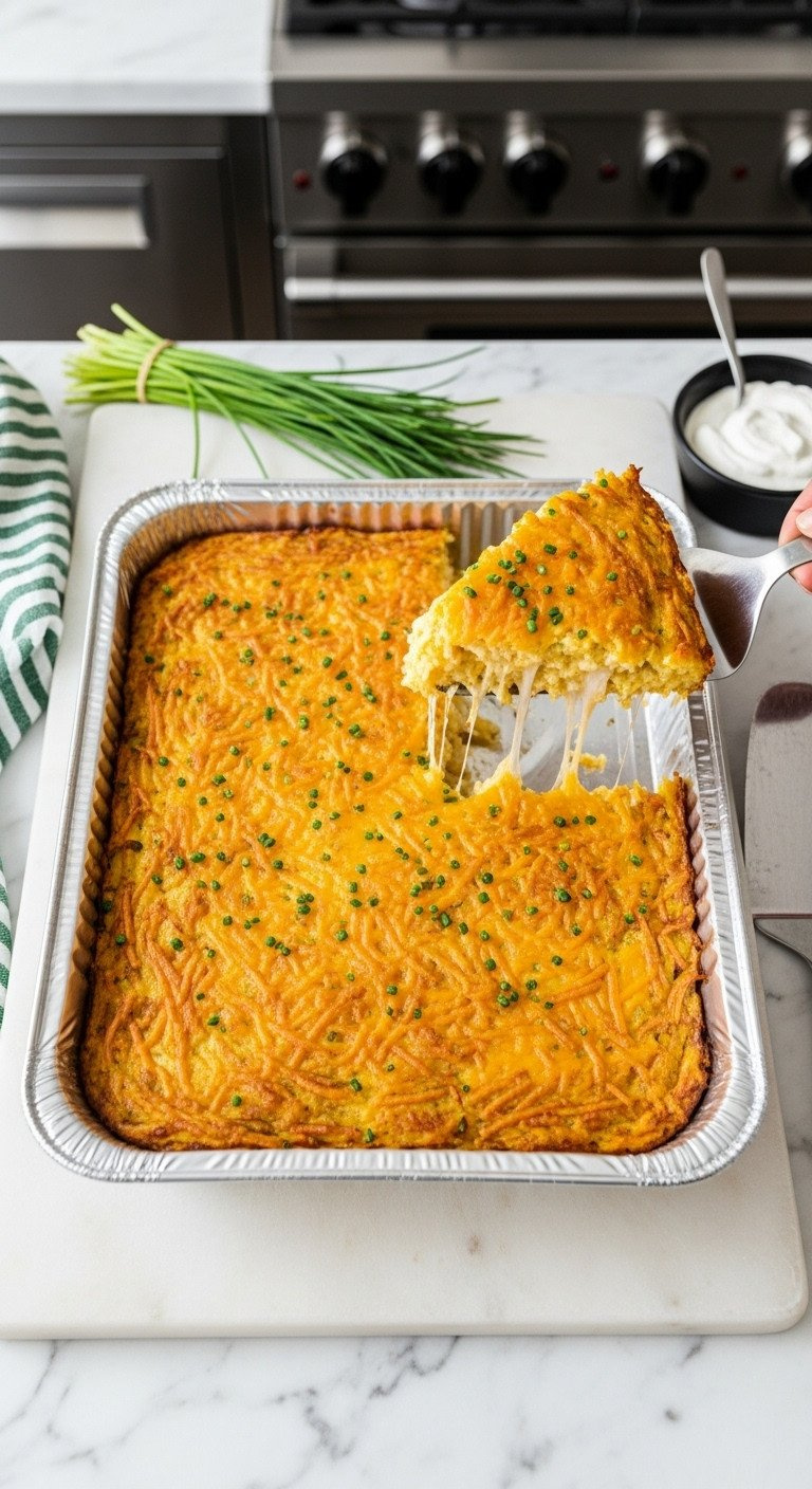Golden Cheesy Hash Brown Breakfast Bake With Crispy Crust And Gooey Interior, In Foil Pan, On Marble With Chives, For Brunch.