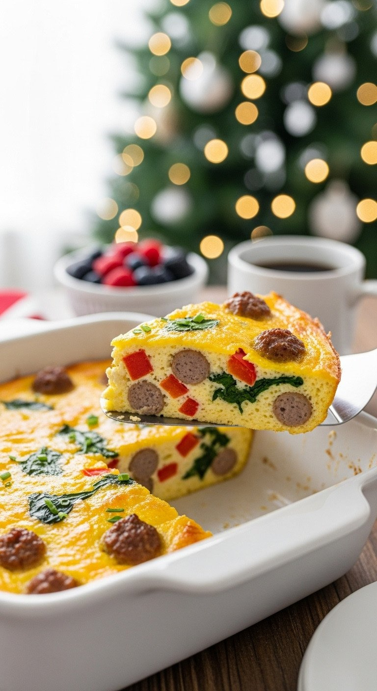 Golden Christmas Breakfast Egg Casserole With Red Bell Pepper, Spinach, Sausage, And Cheesy Crust, On A Rustic Table With Coffee.