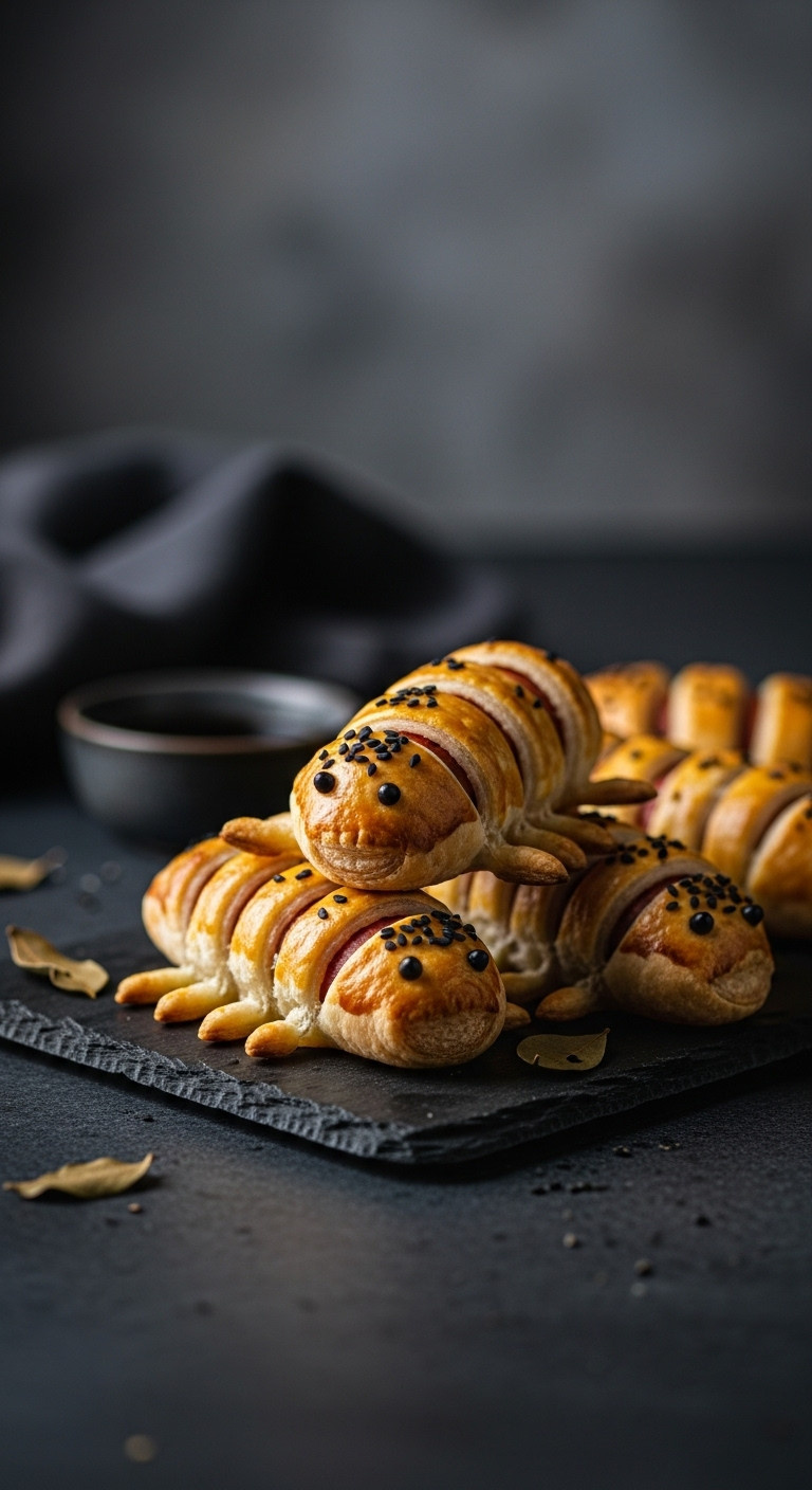 Golden 'Creepy Crawler' Sausage Rolls With Black Sesame 'Eyes', Flaky Puff Pastry On A Dark Slate Platter. Elegant Halloween Appetizer.