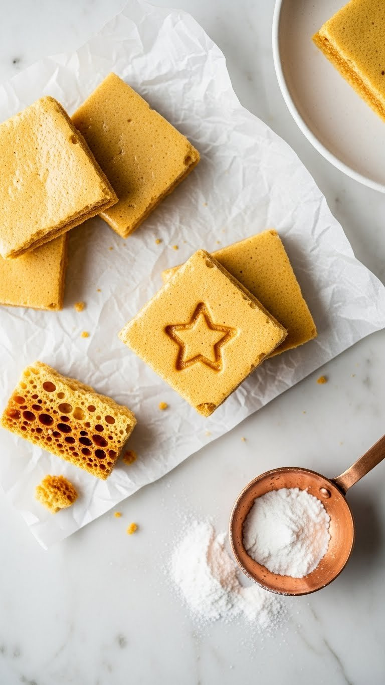 Golden Dalgona Honeycomb Candy Pieces With Porous Texture, One Featuring A Star Stamp, On Parchment Paper. Classic Korean Treat.
