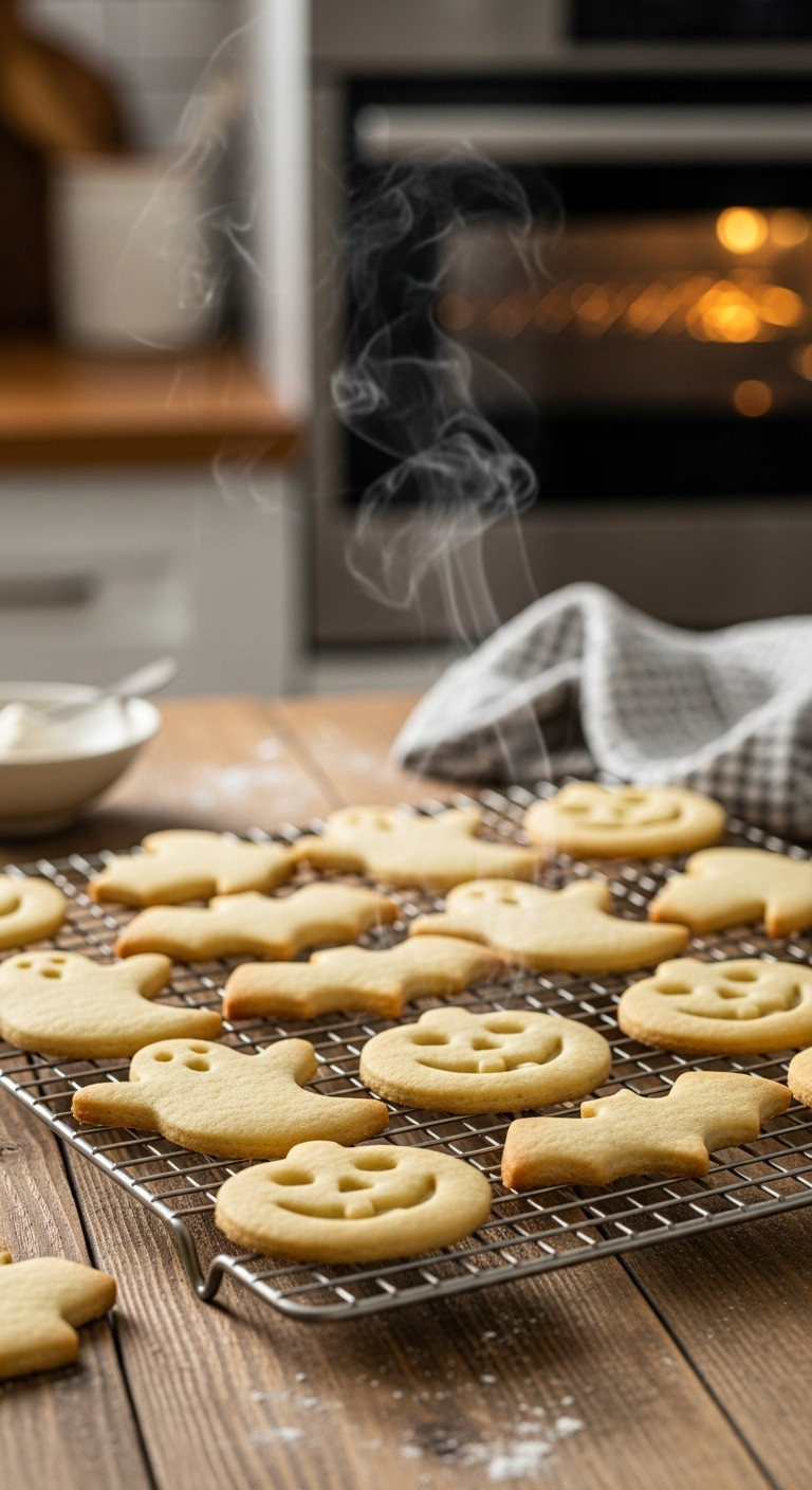 Golden Halloween Ghost, Pumpkin, Bat Cookies Cooling On A Wire Rack, Perfectly Shaped With No Spread, Fresh From Oven.