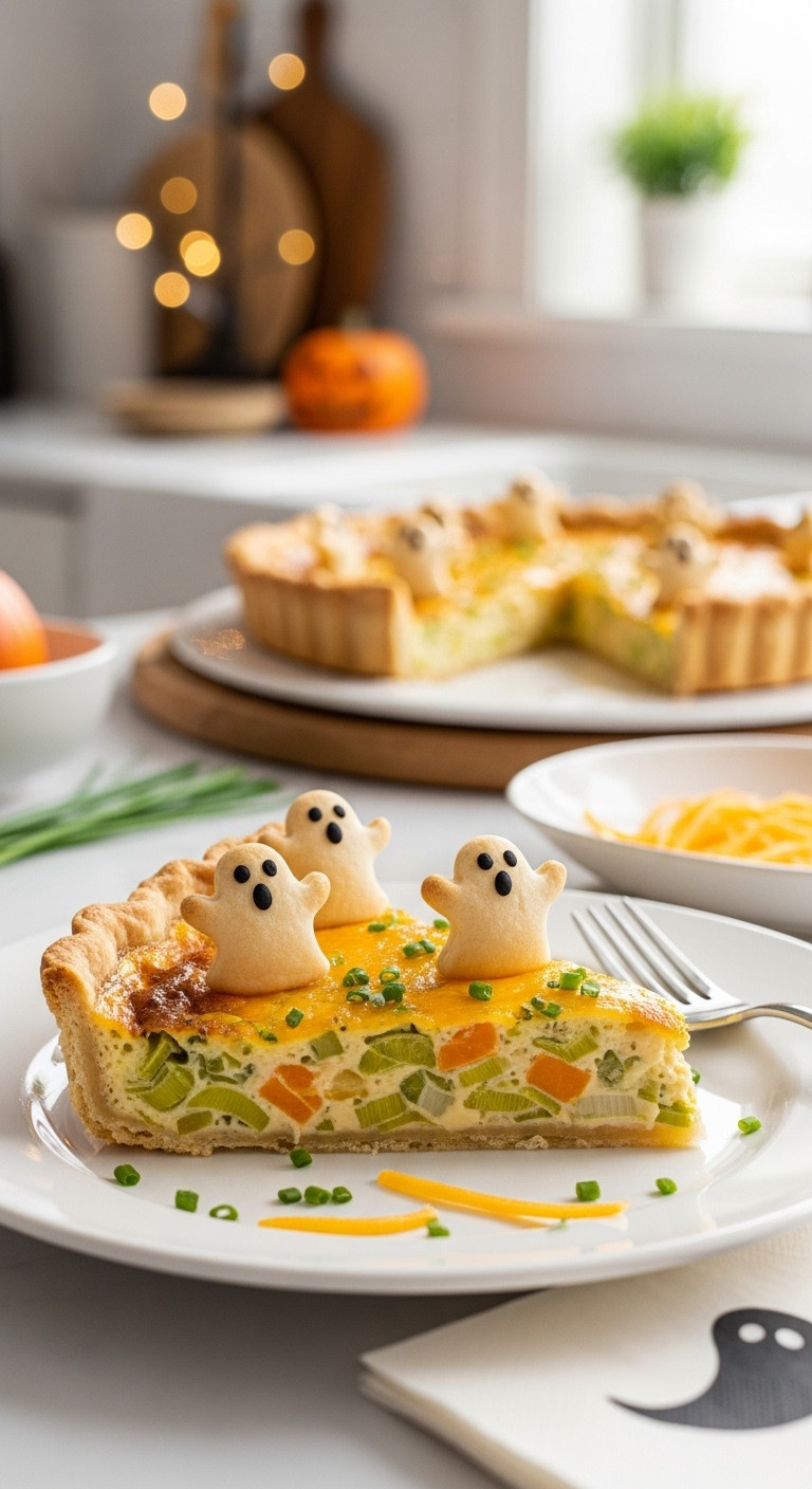 Golden Halloween Leek Cheddar Quiche Slice With Pastry Ghosts, Creamy Filling, On White Plate With Chives In A Soft-Lit Kitchen. Spooky Savory.