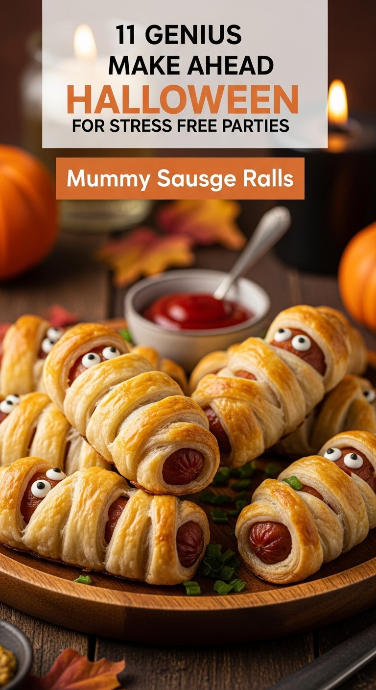 Golden Halloween Mummy Sausage Rolls With Candy Eyes On A Rustic Platter. Flaky Pastry, Warm Light, Festive Autumn Decor.