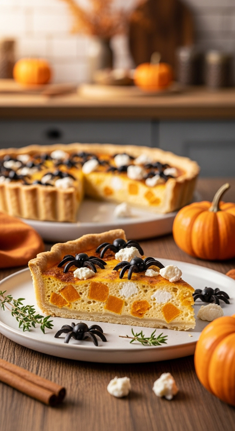 Golden Halloween Pumpkin Goat Cheese Quiche Slice With Olive Spiders, Creamy Filling, Thyme, On Rustic Wood Table In A Warm Autumn Kitchen. Perfect Spooky Savory Tart.