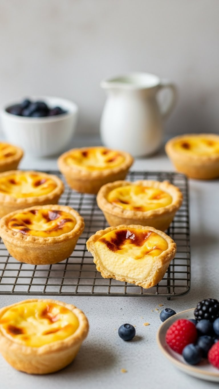 Golden Hokkaido Baked Cheese Tarts With Glossy Creamy Filling In Flaky Pastry, On Cooling Rack With Milk Pitcher &Amp; Berries.