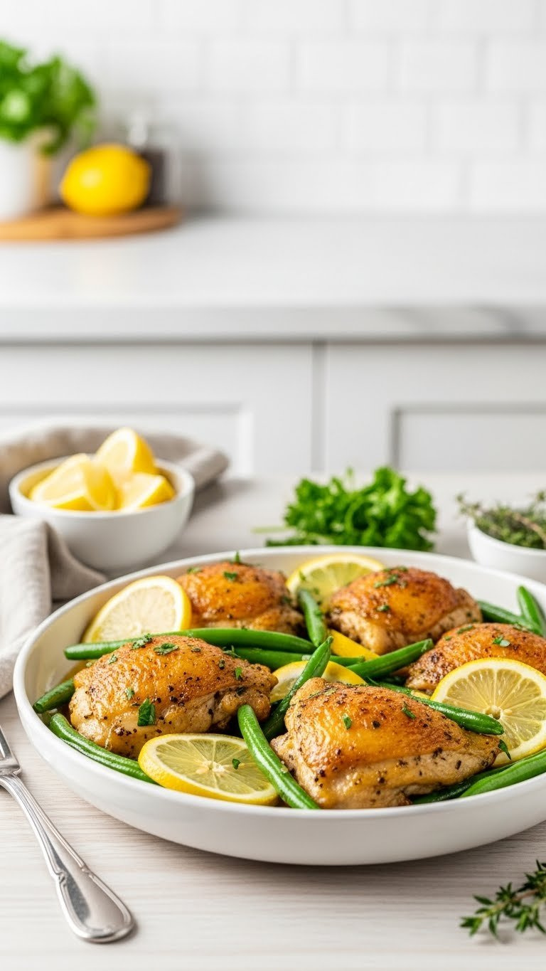 Golden Instant Pot Whole30 Lemon Herb Chicken Thighs With Fresh Herbs, Bright Lemon Slices, And Green Beans In A White Bowl.