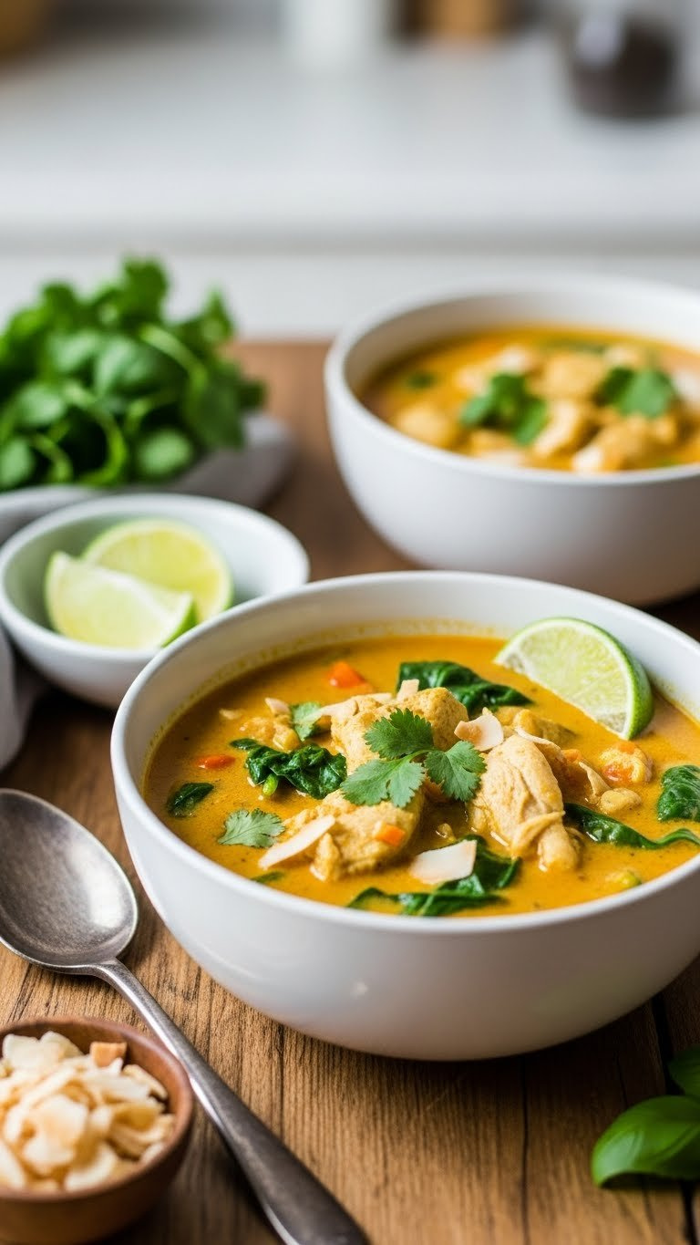 Golden Instant Pot Low Carb Chicken Curry Soup With Chicken, Spinach, Cilantro, And Lime, Served In An Elegant Bowl.
