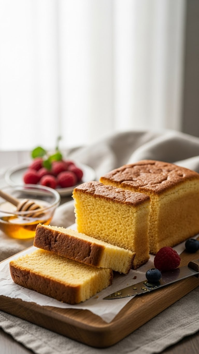 Golden Japanese Castella Cake Slices, Moist And Cubed, With A Dark Crust, On A Wooden Board With Honey Syrup &Amp; Fresh Berries.