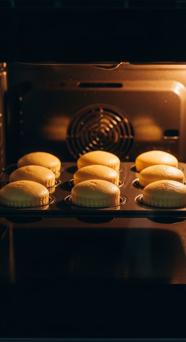 Golden Japanese Cotton Cheesecake Cupcakes Rise Beautifully Inside An Oven Illuminated By Warm Internal Light.