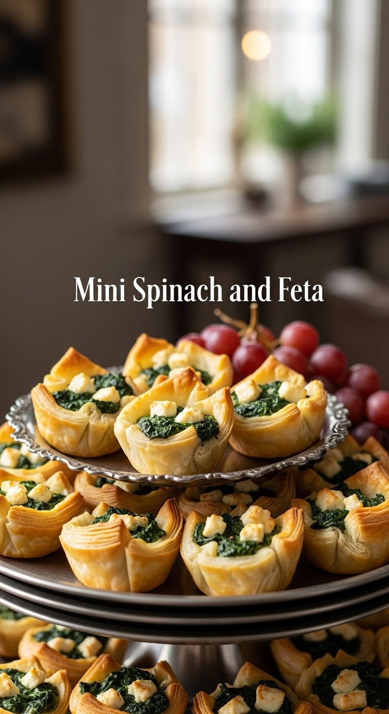 Golden Mini Spinach Feta Tartlets With Flaky Pastry, Green Spinach, Creamy Feta, Presented On A Tiered Serving Tray.