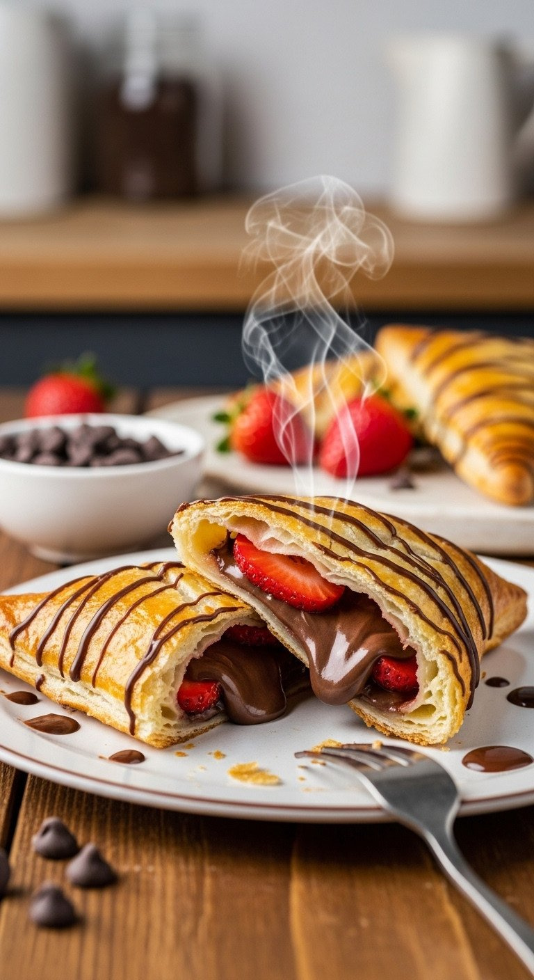 Golden Nutella And Strawberry Puff Pastry Turnovers, Steam Rising, Rich Chocolate And Fresh Strawberries On A Rustic Wooden Table.