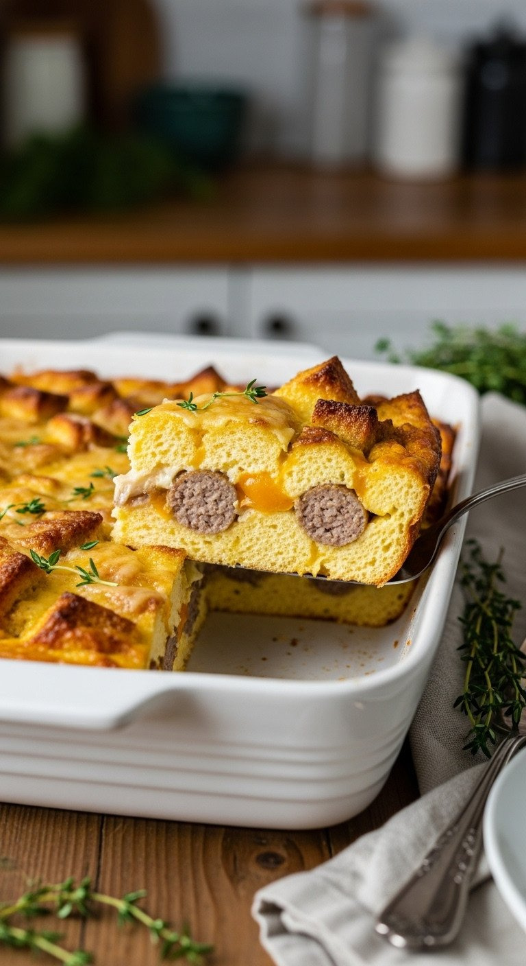 Golden Overnight Sausage Cheese Strata Slice With Savory Sausage, Melted Gruyère, And Cheddar Layers On A Rustic Table, Ready For Cozy Brunch.