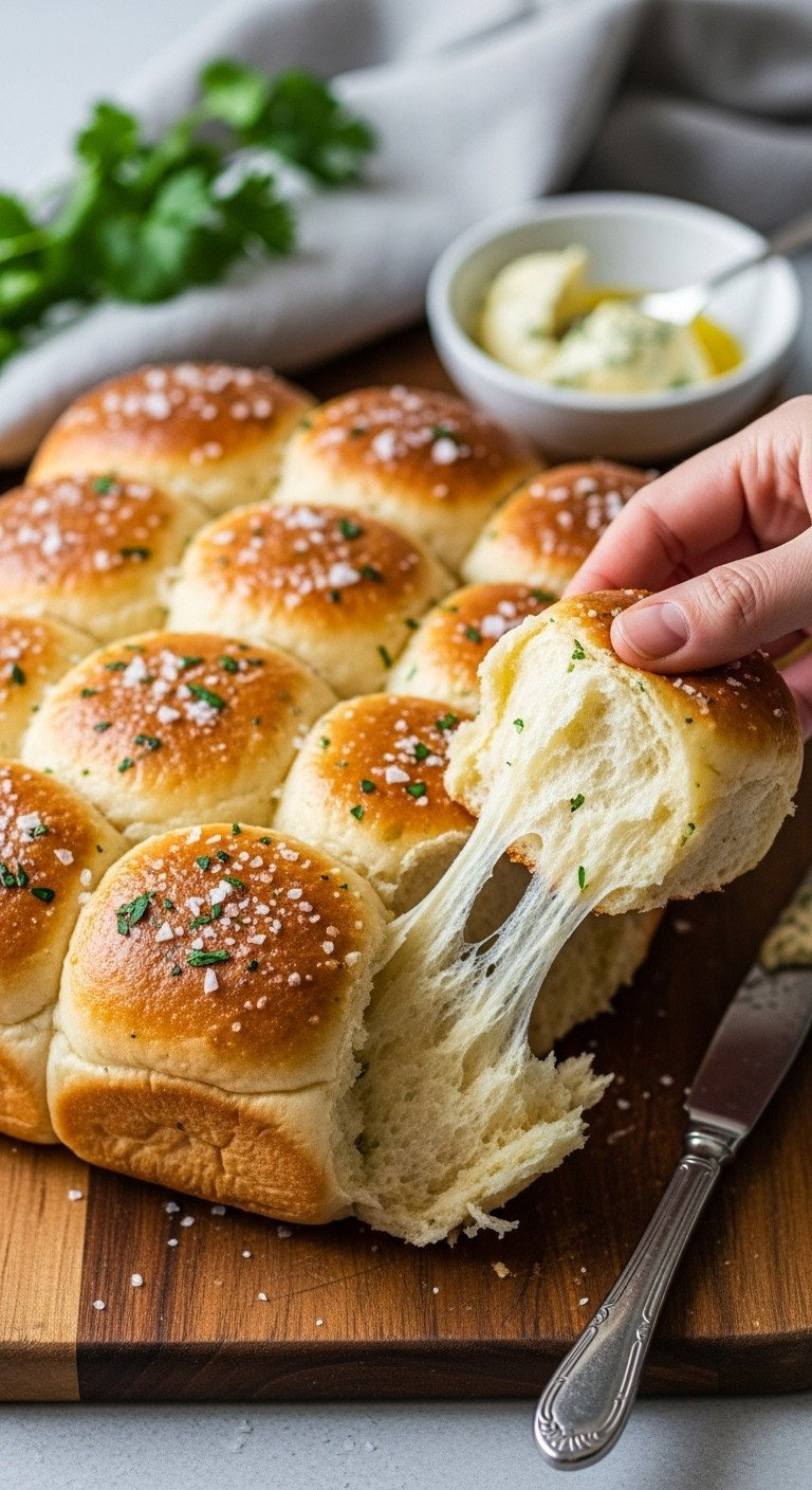 Golden Parker House Rolls With Garlic-Herb Butter And Sea Salt In A Baking Dish, Soft Homemade Dinner Rolls.