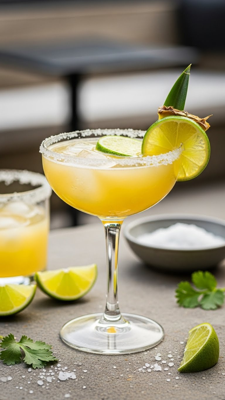 Golden Pineapple Margarita In Salt-Rimmed Coupe Glass With Lime Wheel Garnish On Stone Surface With Outdoor Patio Backdrop