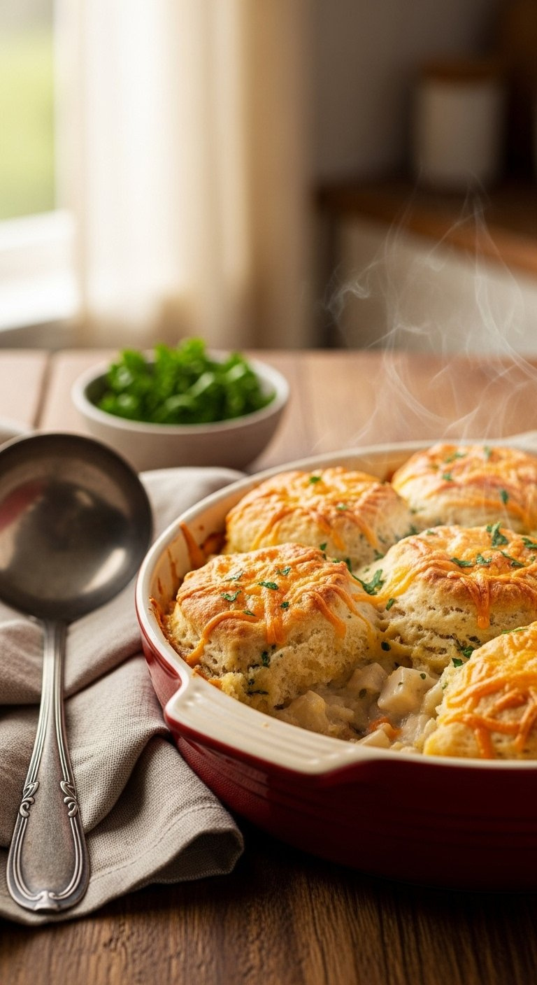 Golden Red Lobster Biscuit Chicken Pot Pie With Parsley Flakes And Steam Rising In A Rustic Ceramic Dish.