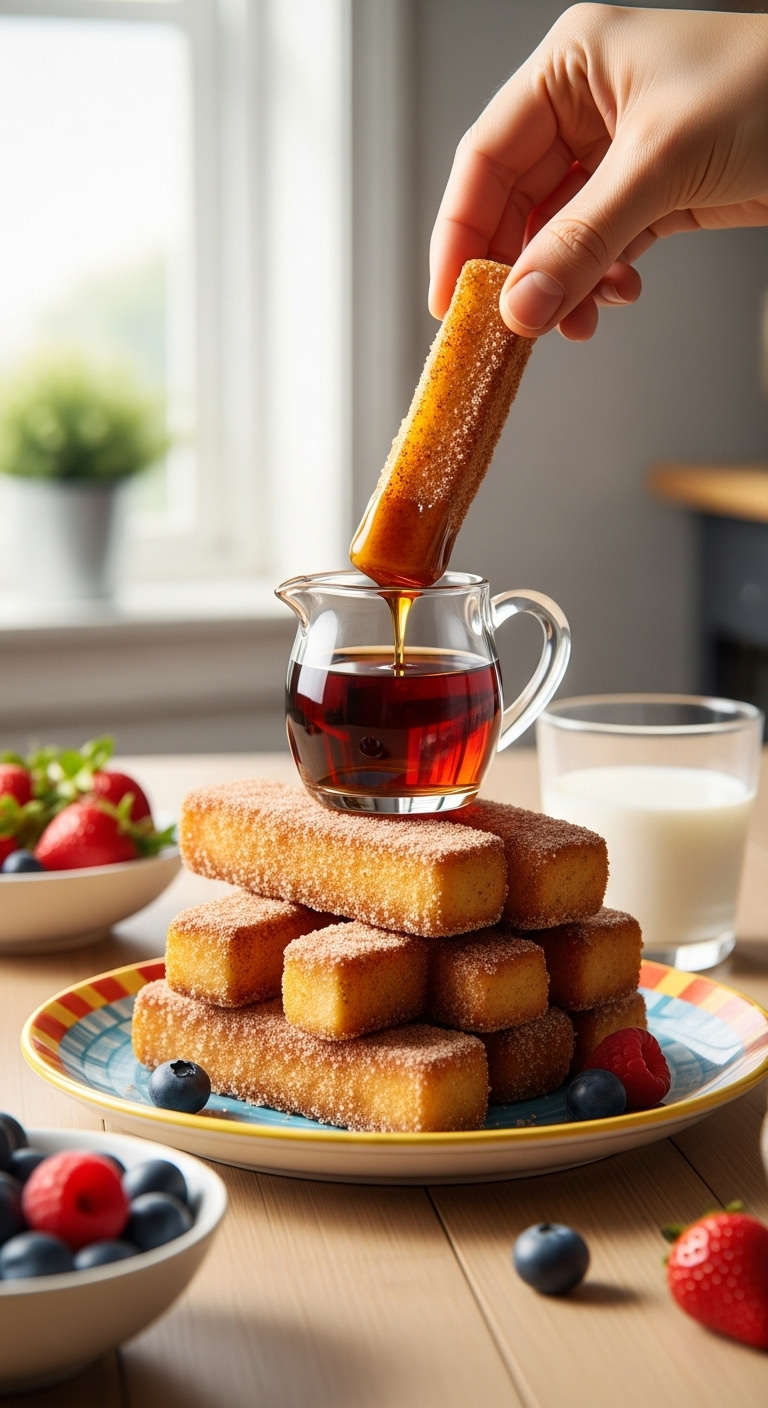 Golden Air Fried French Toast Sticks Dipped In Maple Syrup On A Colorful Plate With Berries And Milk