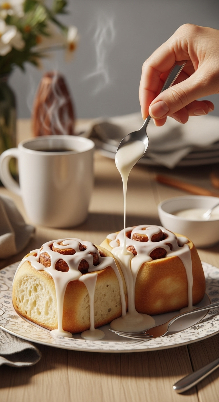 Golden Air Fried Cinnamon Rolls With White Icing On A Patterned Plate With Coffee And Extra Icing