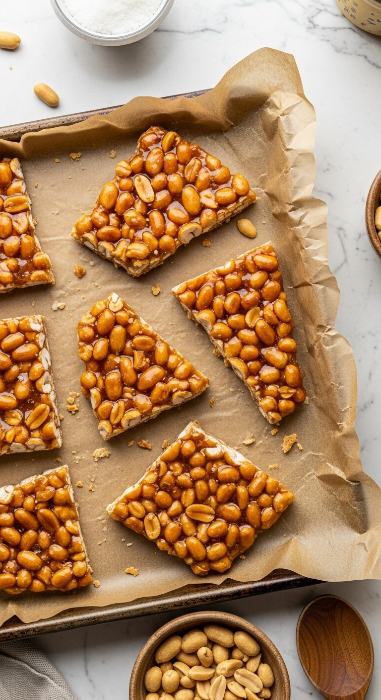 Golden Amber Microwave Peanut Brittle With Roasted Peanuts On Parchment Paper And A Vintage Baking Sheet