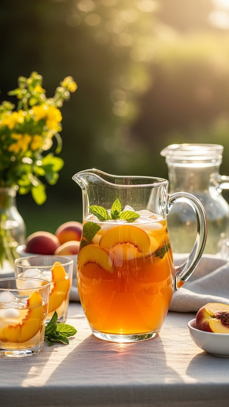 Golden-Amber Peach Iced Tea Pitcher With Fresh Peach Slices And Mint Sprig Floating In Outdoor Garden Setting.