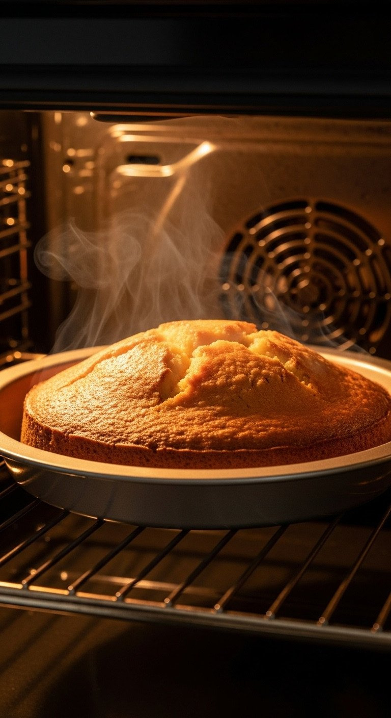 Golden Apple Cake Baking In Oven, Cracking Surface, Steam, Warm Interior Light. Delicious Homemade Dessert.