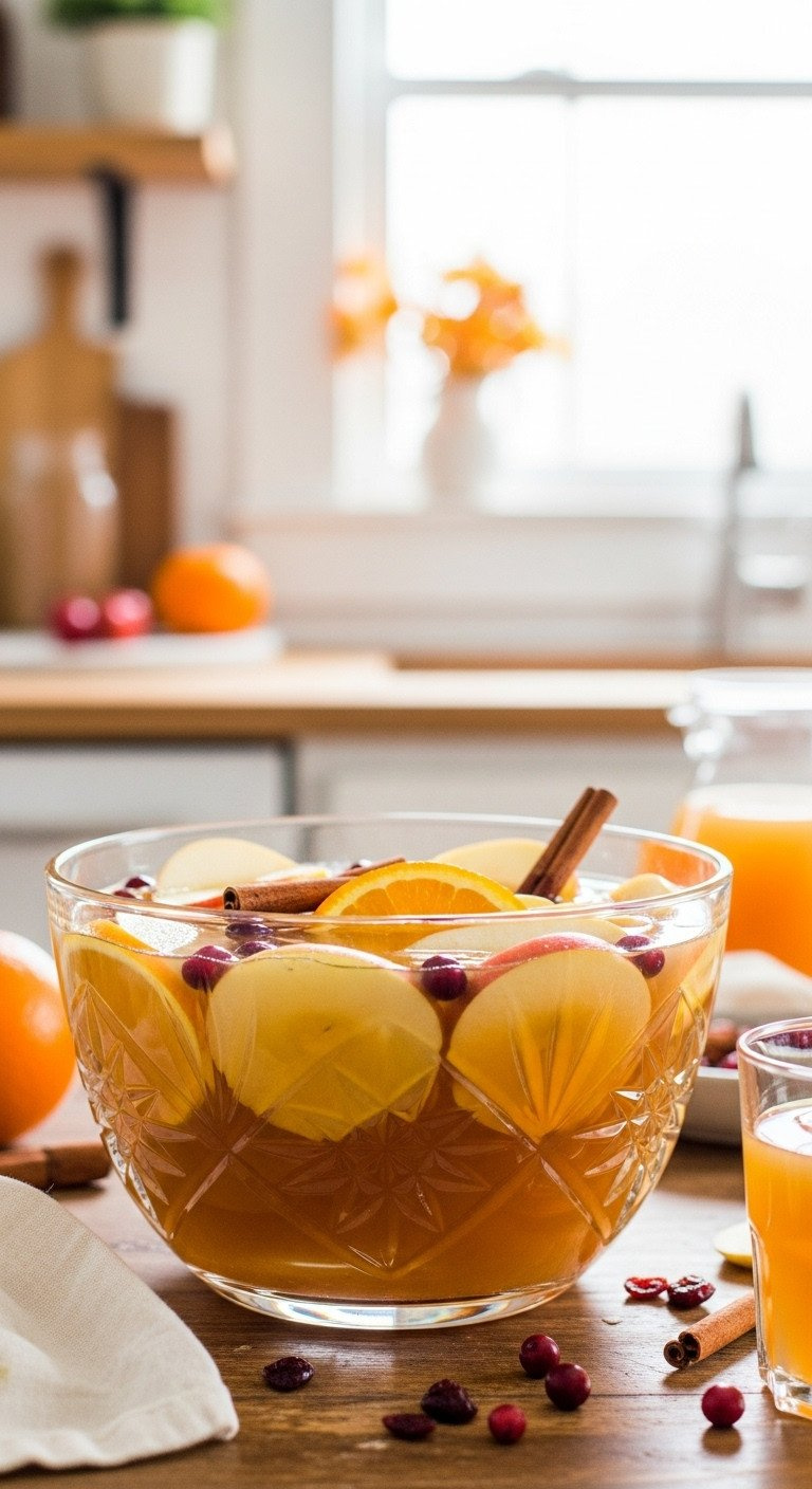 Golden Apple Cider Punch In A Glass Bowl With Apple Slices, Orange Wheels, Cinnamon Sticks On A Rustic Table With Autumn Decor.