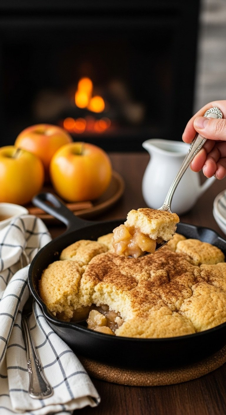 Golden Apple Cobbler In Rustic Cast Iron Skillet With Fluffy Topping, Cinnamon Dust, And Warm Baked Apples. Spoon Lifting A Serving.