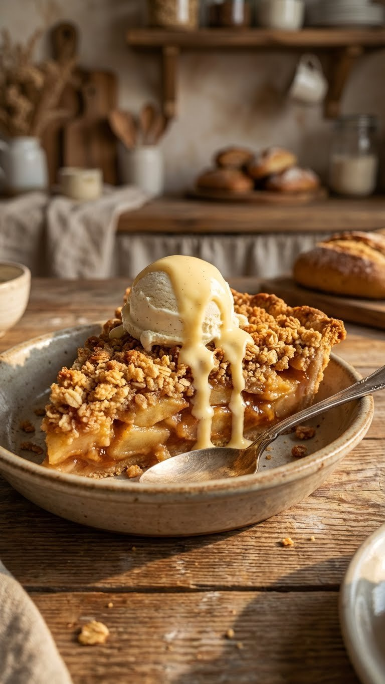 Golden Apple Crumble Slice With Crisp Oat Topping, Tender Caramelized Apples, Creamy Custard, And Spoon On A Rustic Kitchen Table.