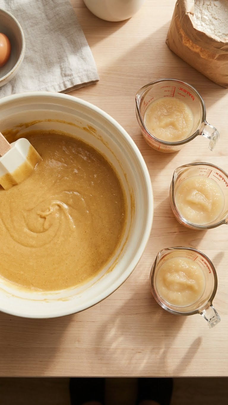 Golden Applesauce Cake Batter In Mixing Bowl With Three 1/4 Measuring Cups, Illustrating Egg Substitute Scaling.