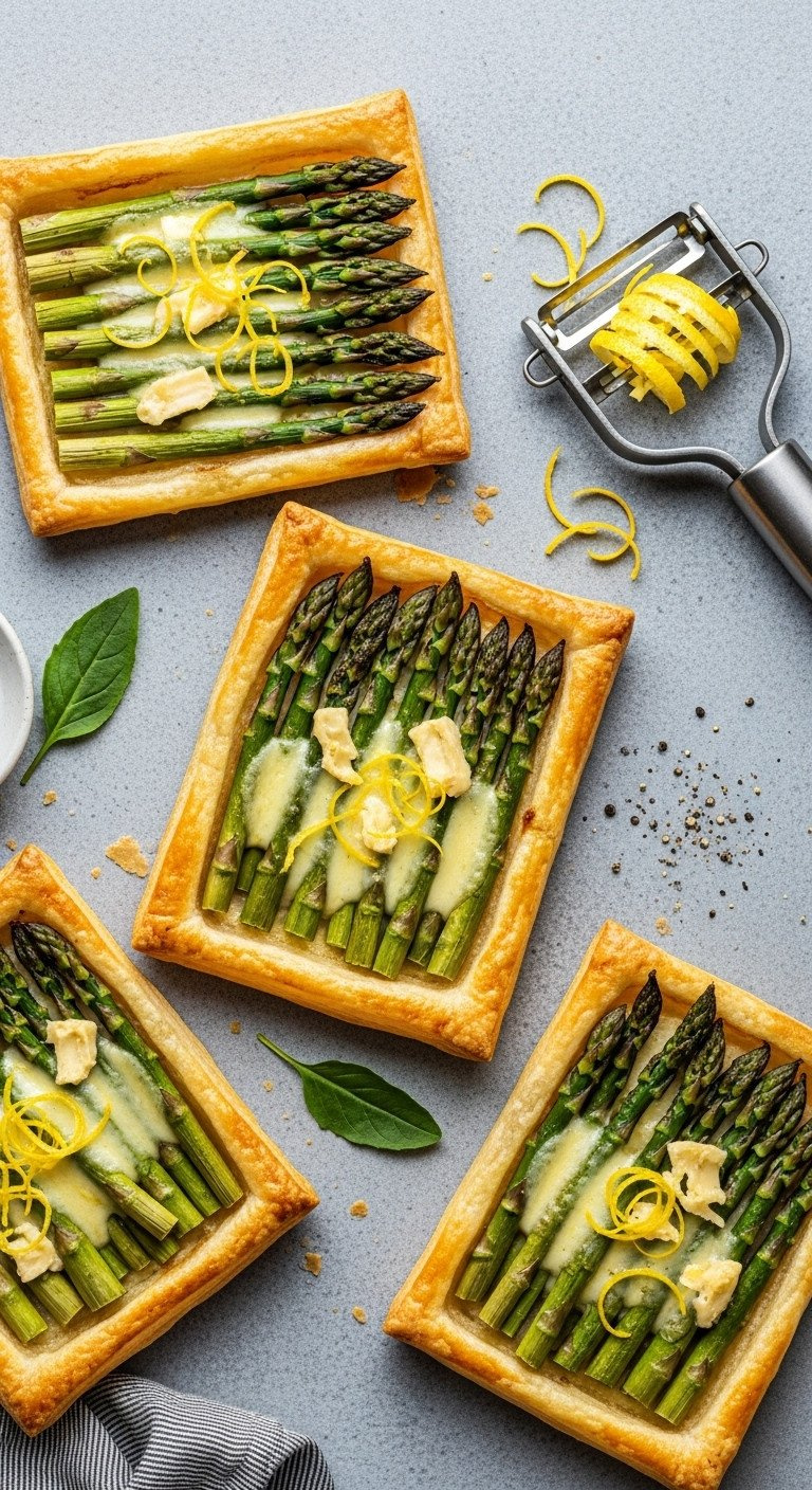 Golden Asparagus And Gruyère Puff Pastry Tartlets On Stone With Lemon Zest, Black Pepper. Elegant Savory Appetizer Recipe.