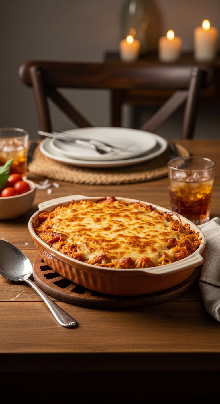 Golden-B Bubbly Spicy Southern Chicken Spaghetti Casserole Fresh Out Of The Oven On A Trivet.