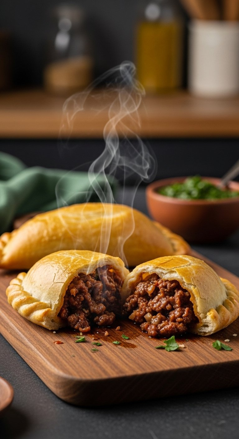 Golden-Baked Argentinian Beef Empanadas With Flaky Crust And Savory Filling Served With Chimichurri Sauce.