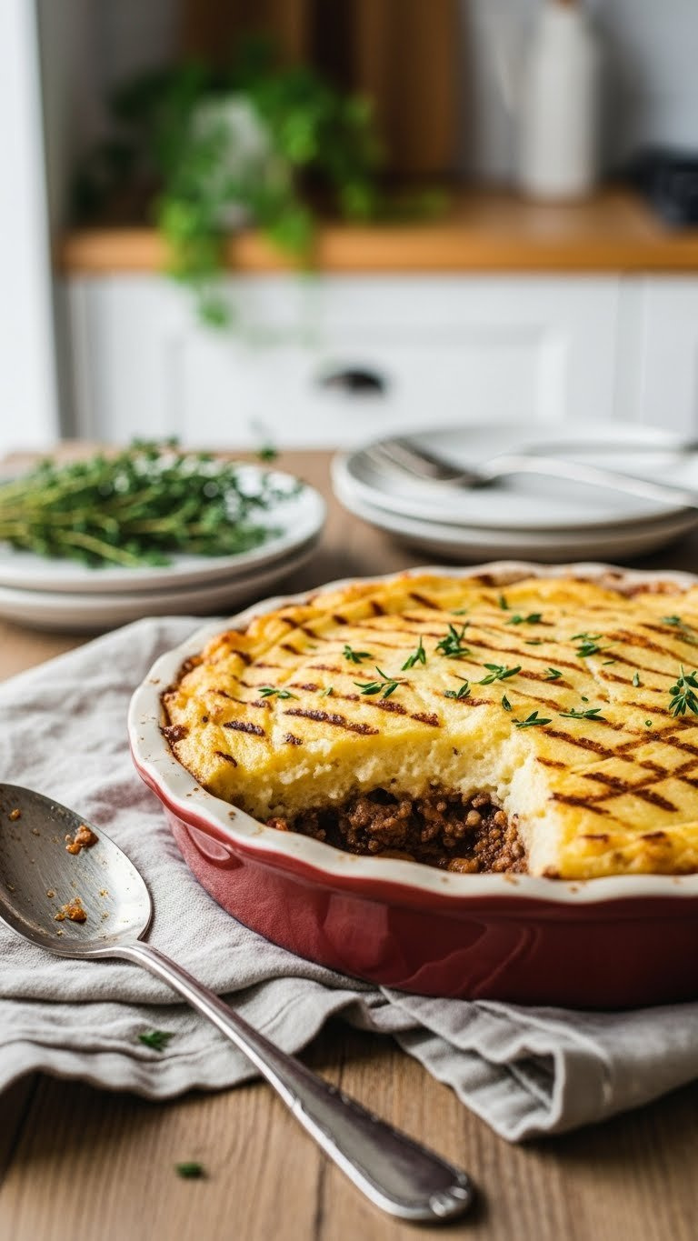 Golden Baked Beef Shepherd's Pie With Bubbling Mashed Potato Topping In Rustic Ceramic Pie Dish