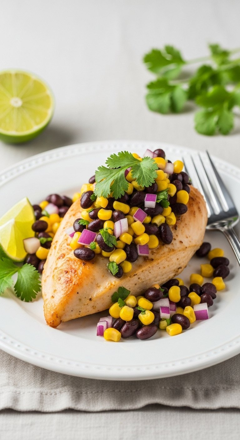 Golden Baked Chicken Breast Topped With Vibrant Black Bean And Corn Salsa On A White Plate.