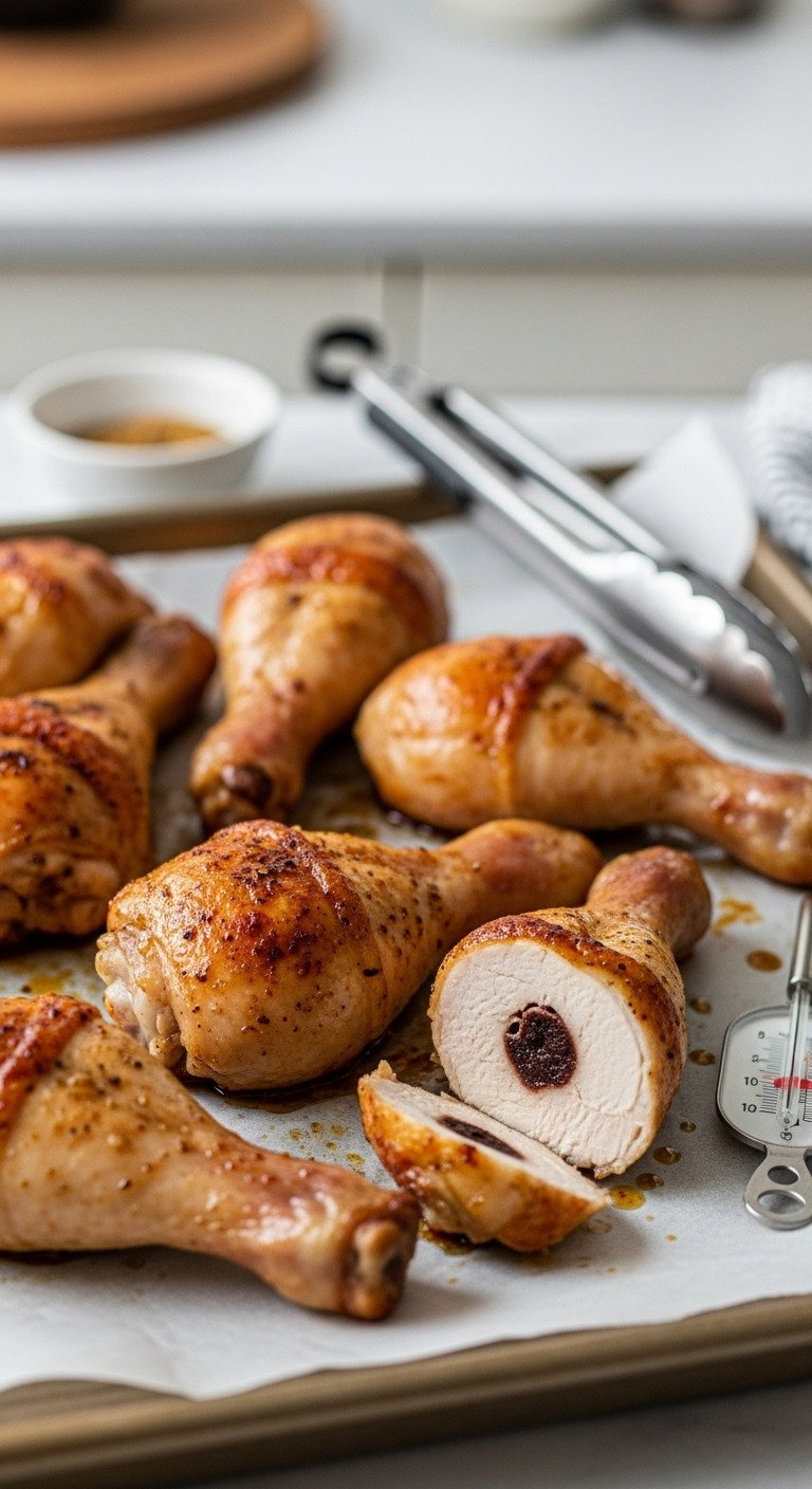 Golden Baked Chicken Drumsticks, Glistening, One Sliced To Show Moist Dark Meat. On Parchment Baking Sheet In A Warm Kitchen.