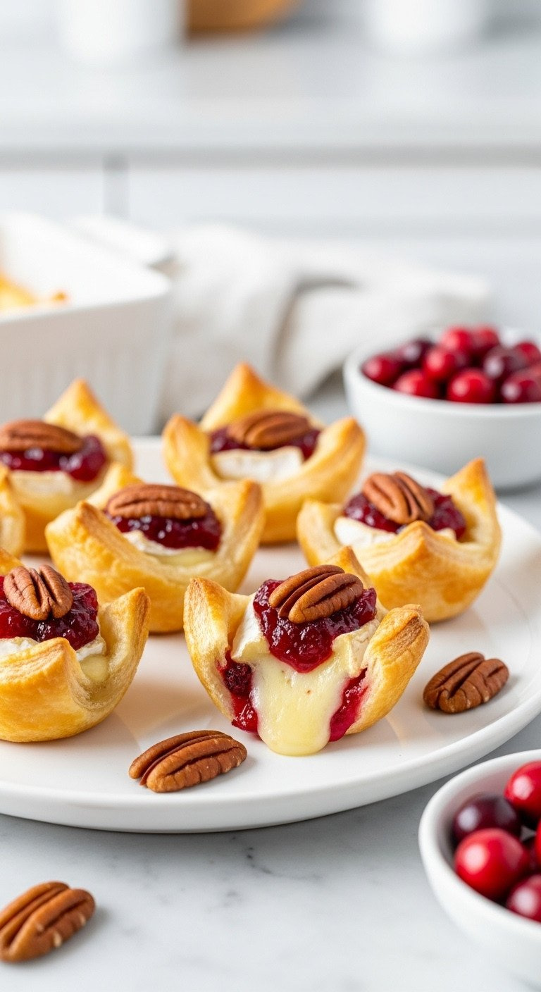 Golden-Baked Cranberry Brie Bites With Flaky Puff Pastry, Melted Brie, Cranberry Sauce, Pecan On White Platter. Easy Holiday Appetizer Recipe.