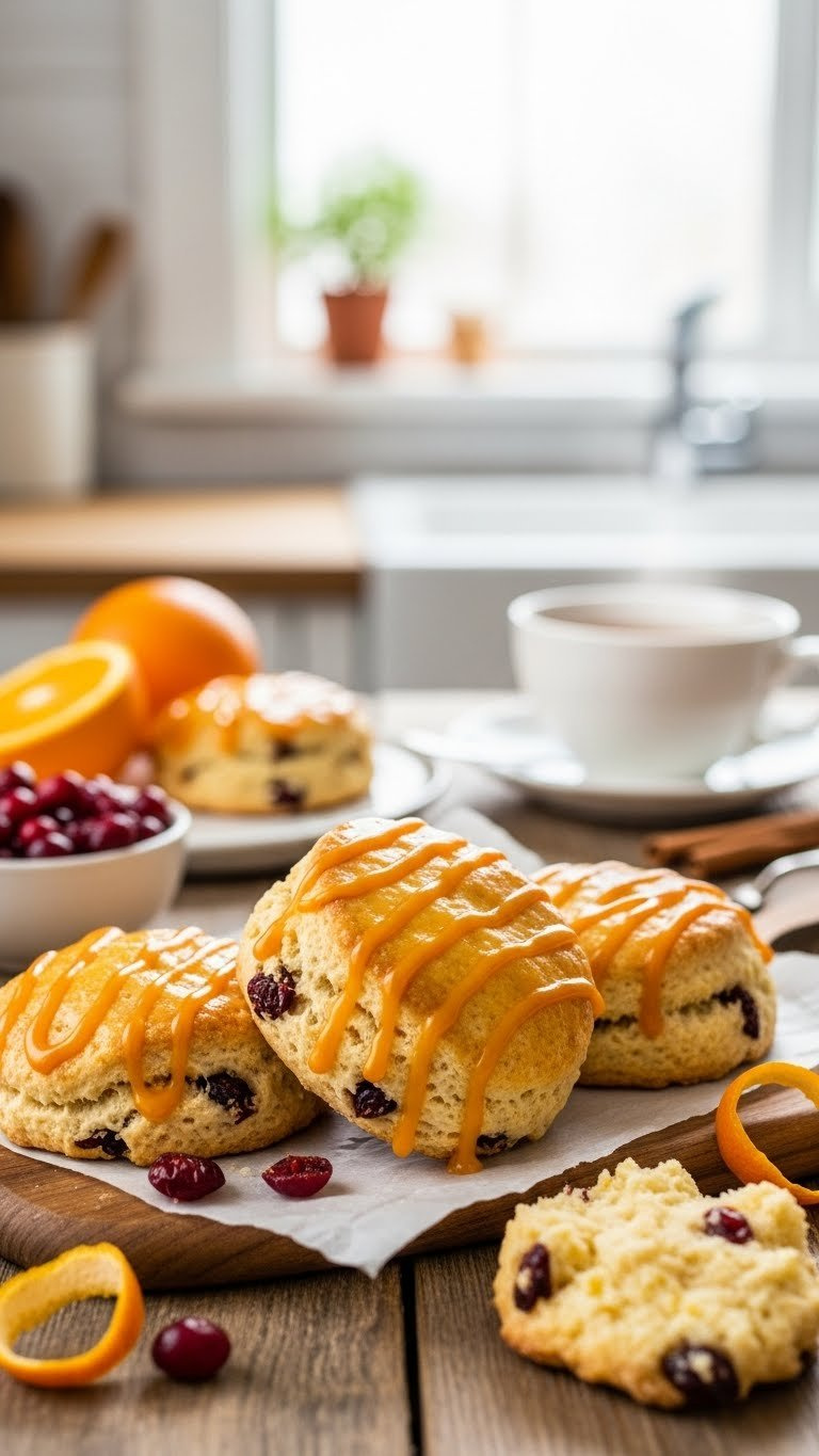 Golden-Baked Cranberry Orange Scones With Glazed Drizzle And Dried Fruit On Rustic Wooden Table