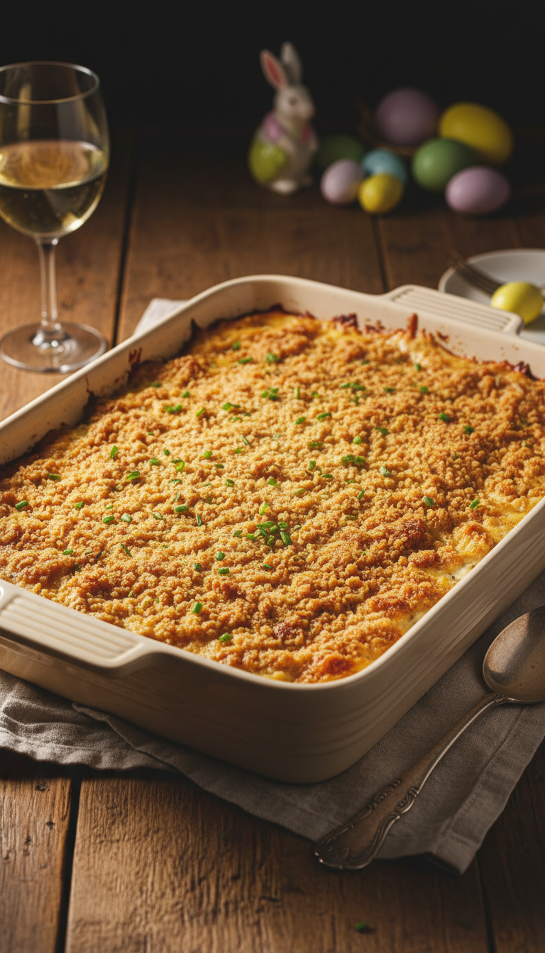 Golden Baked Creamy Chicken Casserole Garnished With Chives On A Rustic Easter Table With Wine.