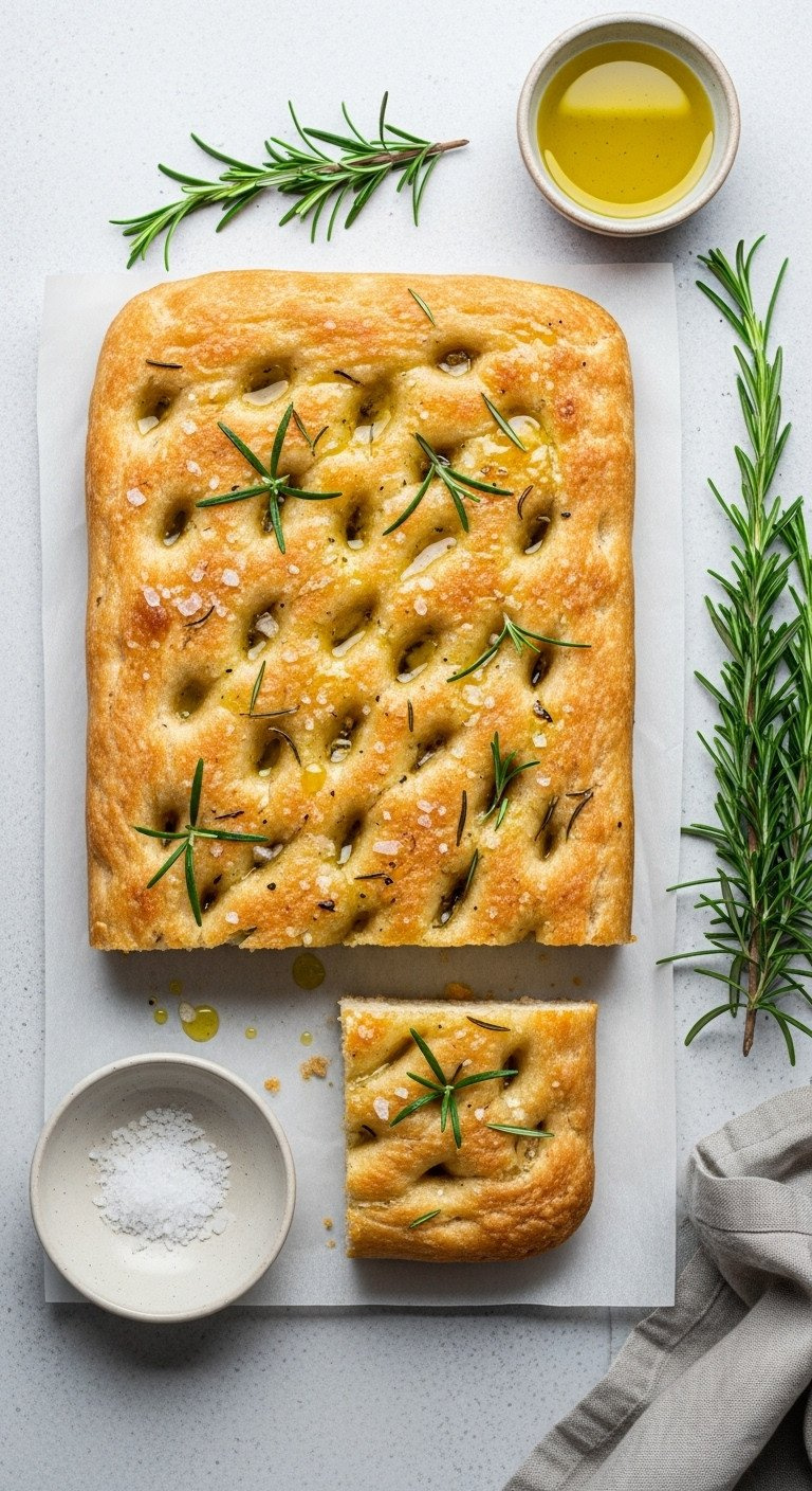 Golden-Baked Rosemary Focaccia With Olive Oil &Amp; Sea Salt. Piece Lifted, Showing Airy Crumb. With Olive Oil &Amp; Rosemary.