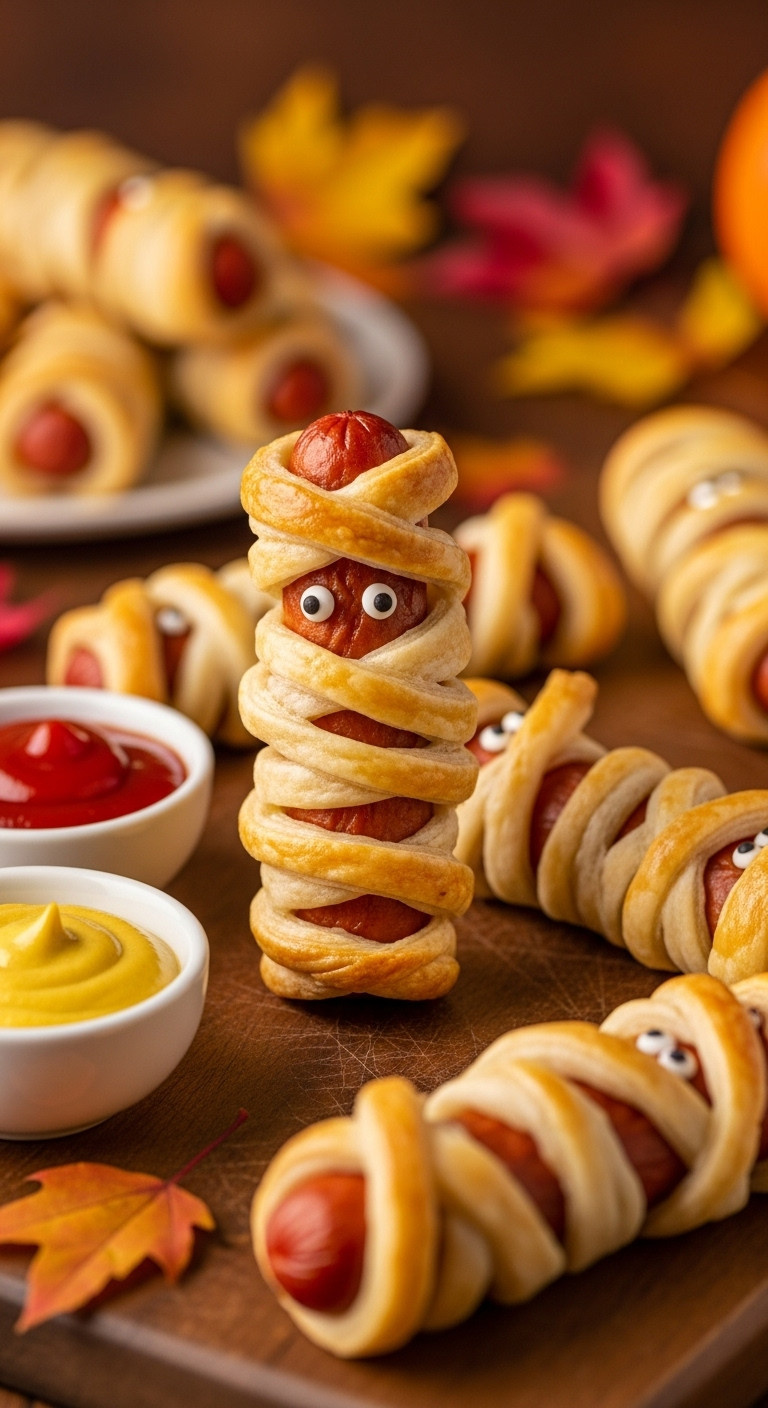 Golden-Baked Vegan Mummy Hot Dogs With Edible Googly Eyes, Ketchup, And Mustard On A Rustic Wood Board For Halloween.