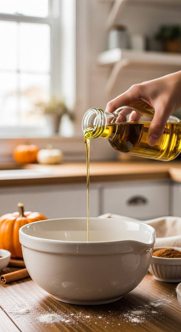 Golden Baking Oil Pours Into A White Ceramic Mixing Bowl On A Rustic Autumn Kitchen Table, Surrounded By Flour, A Mini Pumpkin, And Cinnamon.
