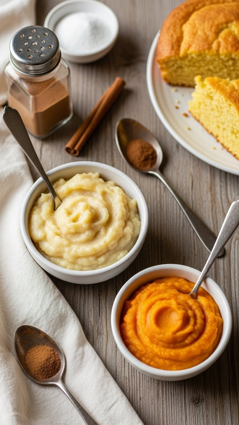 Golden Banana Puree And Orange Pumpkin Puree In Bowls On A Rustic Wooden Table, Used As Baking Substitutes.