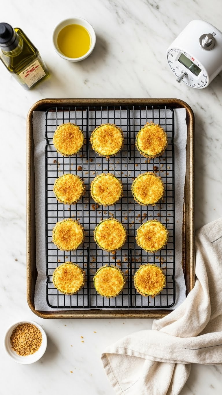 Golden Breaded Zucchini Slices Arranged On Wire Rack Over Baking Sheet Ready For Oven Baking