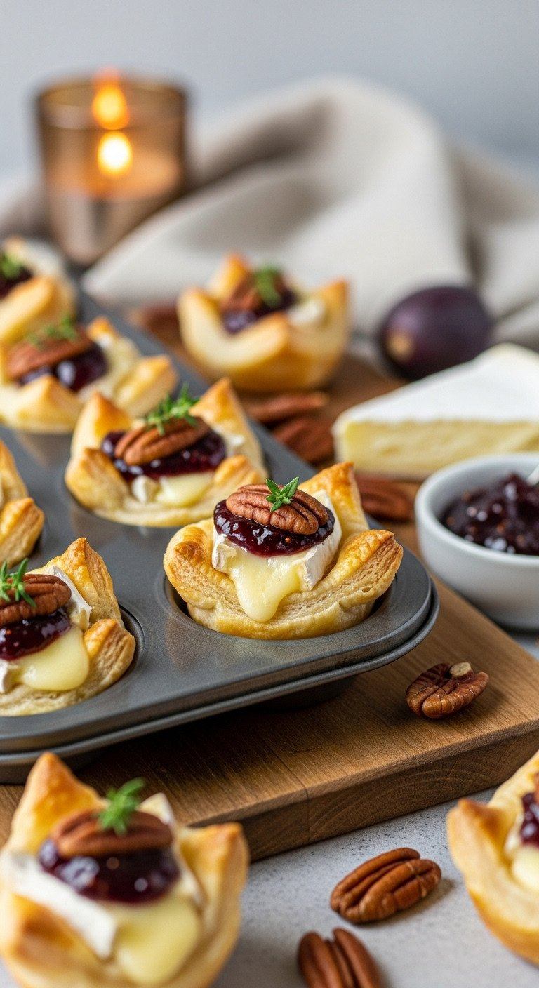 Golden Brie &Amp; Fig Jam Puff Pastry Bites, Topped With Pecans &Amp; Thyme On A Rustic Board. Perfect Party Appetizer Recipe.
