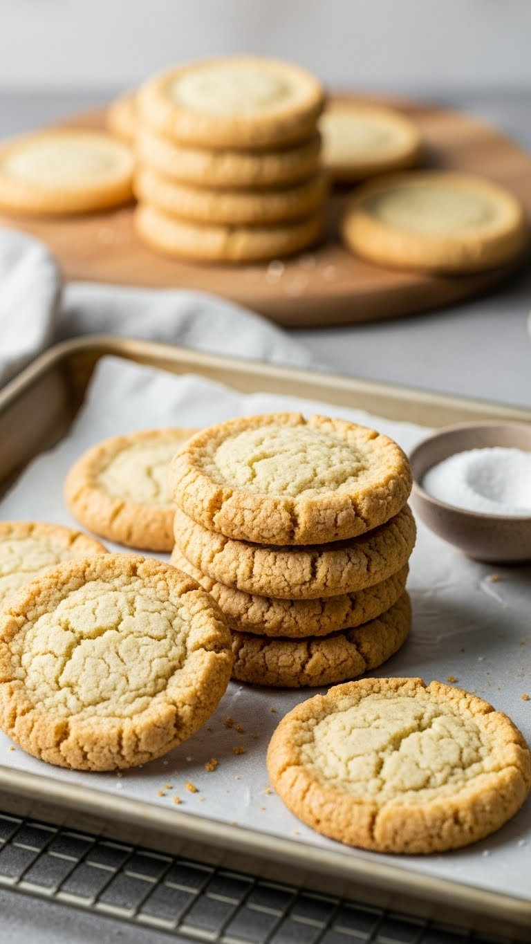 Golden-Brown Almond Sablés Cookies, Crisp Edges, Sandy Texture, Stacked On Baking Sheet. Homey French Butter Cookies.