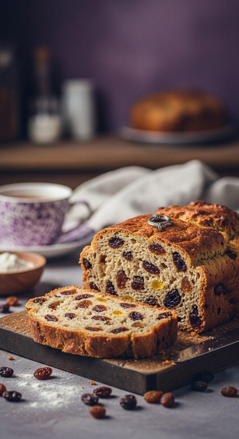 Golden-Brown Barmbrack Irish Fruit Bread Slice On Rustic Wood, Filled With Dried Fruits And A Metallic Charm, With A Cozy Blurred Kitchen Background.